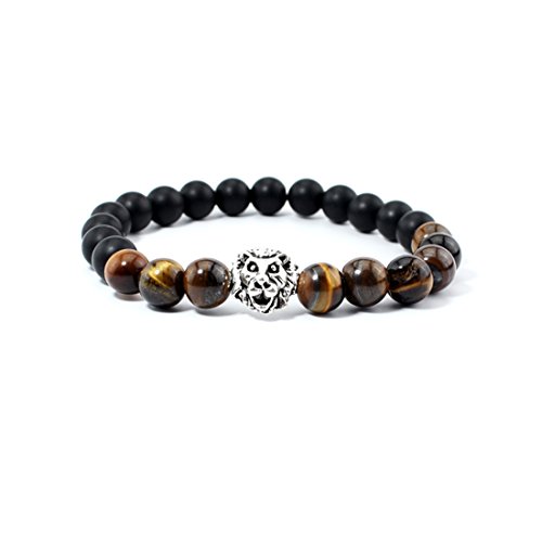 XIAFEN Men Lion Head Bracelet Natural Matte Onyx Tiger's Eye 8mm Bead bracelets