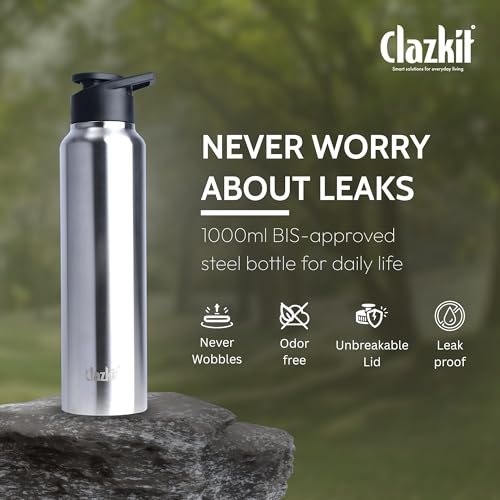 Image of Clazkit Amaze Stainless Steel Water Bottle 1 Litre, Leakproof BPA Free Steel Bottle for Gym, Office & School, Rust Free Durable Drinking Bottle, Fridge Safe, ISI Certified, Sporty Cap