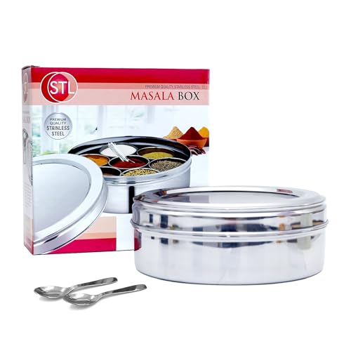 STL Masala Dabba (Spice Box) | Authentic Indian Style Stainless Steel Masala Dabba | with 7 Removable Compartments & 2 Spoons | See through Lid | (20cm)