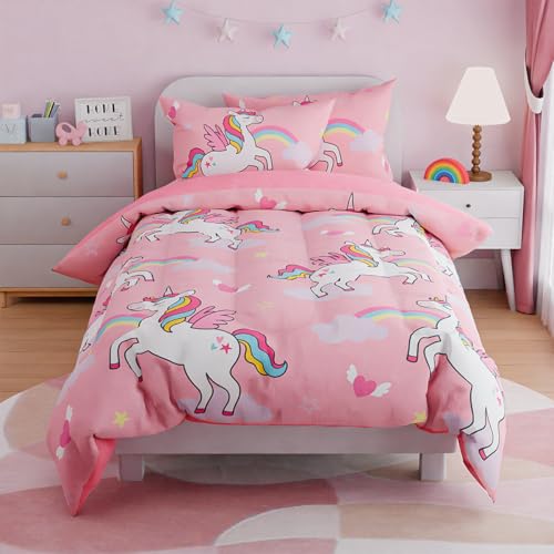 Image of SANDJEST Unicorns Bedding Full Set for Girls Kids Children, Ultra Soft Microfiber Comforter Set with 4-Pieces, Comforters Bed Sets Bedroom Decor