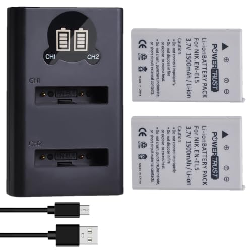 PowerTrust 2 baterías y cargador EN EL5 para Nikon Coolpix P520, P510, P500, P530, P100, P90, P80, P4, P6000, P5100, P5000