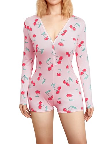 Image of Women's Sexy Deep V Neck Shorts Rompers Long Sleeve One Piece Bodysuit Pajama with Butt Flap Bodycon Sleepwear