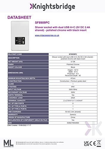 Knightsbridge Screwless Shaver socket with dual USB A+C (5V DC 2.4A shared) - polished chrome with grey insert - Image 2