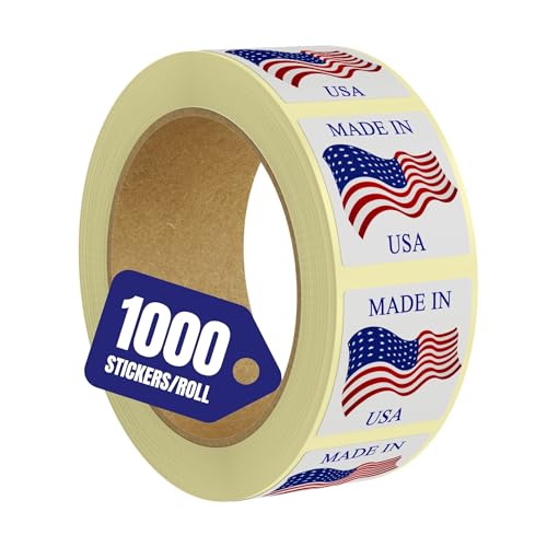 Made in USA Labels 1 X 1 Inches American Flag Stickers Glossy Paper, 1000 PCS Per Roll Vinyl Decal United States Flag Sticker for Product Labeling (1 Roll)