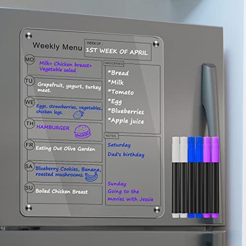 Acrylic Magnetic Calendar for Fridge - 16"x12" Weekly Magnetic Dry Erase Board for Fridge, Clear Magnetic Weekly Meal Planner Board for Refrigerator Includes 6 Dry Erase Markers