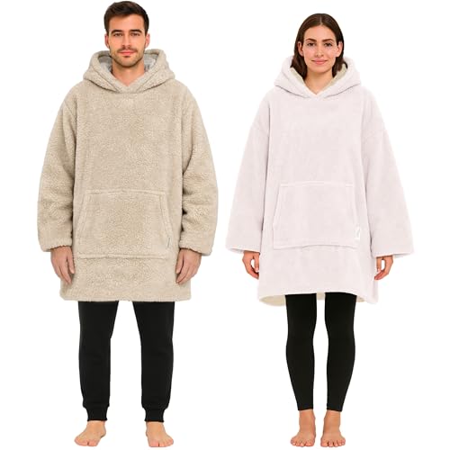 CalmyLIFE Hoodie Decke mit Ärmeln - Sherpa Wende Deckenpullover Oversize Kuscheldecke zum anziehen Kuschelponcho für Damen Herren XXL Poncho Blanket Pullover (Beige/Weiss)