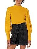 Cable Stitch Women's Cable Sleeve Ribbed Sweater - Mock Neck Long Blouson Lantern Sleeve Pullover Top (Medium, Marigold)