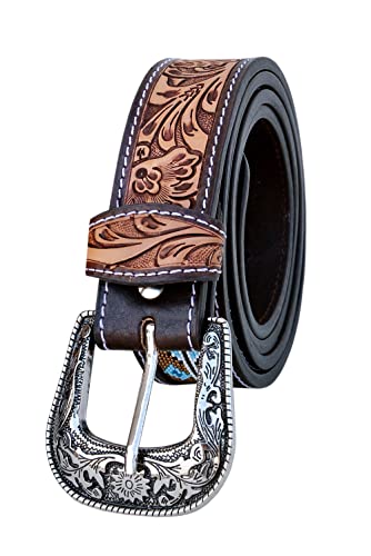 Western Floral Tooled Belt - Genuine Leather Beaded Belt For Men and Women 30AB0063