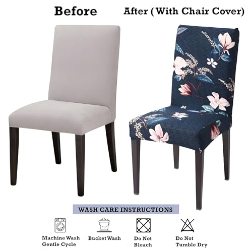 Image of Stretchable Dining Chair Cover - Washable, Removable, Anti-Slip, Protector, Universal Fit (Set of 4, Blue Floral)