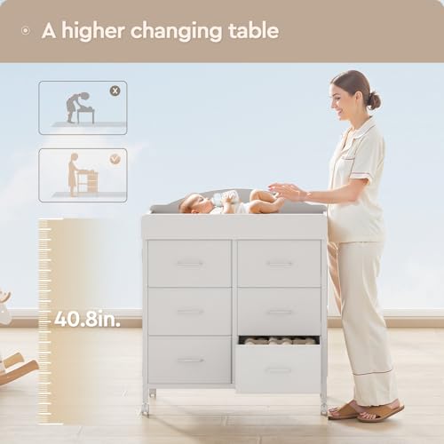 Yetom Baby Changing Table Dresser with Wheels, 6-Fabric Drawer Baby Dresser with Changing Table Top, Waterproof Diaper Changing Station & Pad, Mobile Storage Unit, Compact Baby Furniture, White