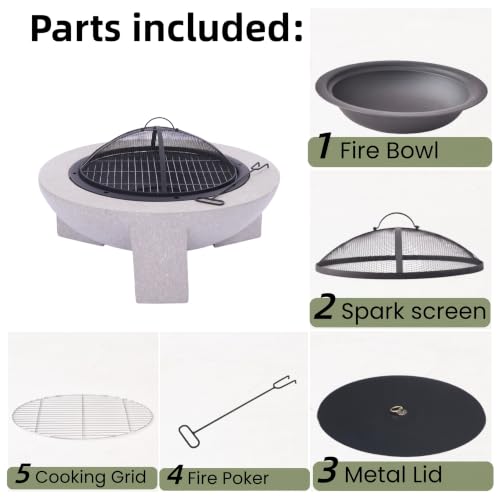 Image of Round Wood Burning fire Pit Outdoor Fireplace for Patio-29.5 inch Gray | MGO Cement Material,BBQ Firepit,Family S'mores Fun,Compact Firepit,Small Spaces,for Garden Backyard ,Outdoor Gatherings