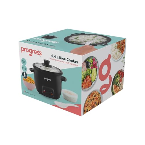 Progress 0.4L Rice Cooker – 2 Cups of Rice, Aluminium Pot, PFAS-Free Coating, Cook & Keep Warm Functions, Includes Measuring Cup & Paddle Accessories, 250W, Black
