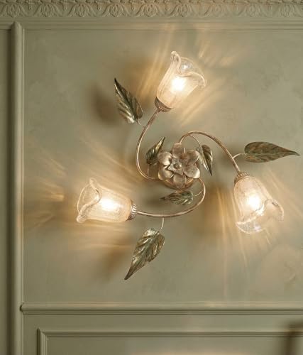Mondocreazioni Plafoniera da soffitto classica a 3 luci in ferro battuto e vetro realizzata e decorata artigianalmente coll. steven