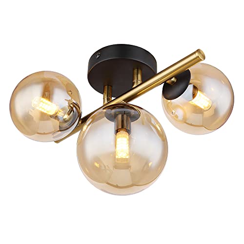 Deckenleuchte Wohnraum Deckenlampe Design schwarz messing Kugellampe Glas LED Wandleuchte Innen, Glaskugel amber, 3 flammig G9, 3x 3,5W 350 lm, 3000K, LxBxH 28x21x19 cm