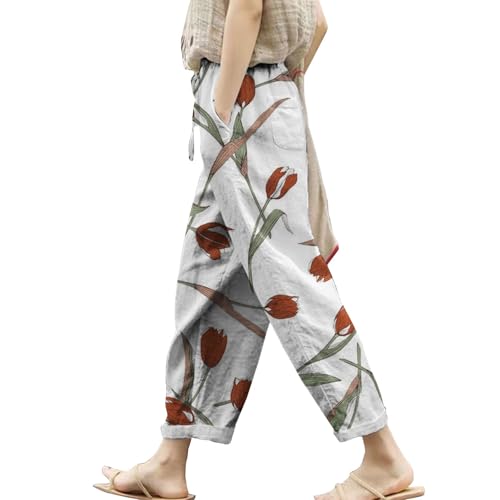 Pantalones de lino para mujer verano suelto ligero verano lino pantalones de playa con bolsillos cintura alta pantalones elásticos 7/8 Fluido Casual Grande Casual Primavera Deporte Yoga Pantacourt