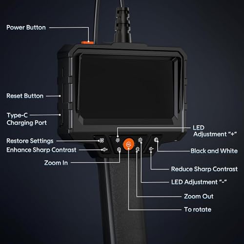 Endoscope with Light and 50ft Semi-Rigid Cable, Handheld Borescope 4.3'' HD 1080P, 8 Adjustable LED Lights, IP67 Waterproof Inspection Camera for Sewer, Gadgets for Men (Single Lens)
