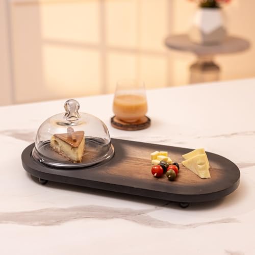 Image of Ireka Home Tamra Acacia Wood Cake Cloche with Glass Dome & Platter - Wooden Dessert Stand for Cake, Pastries, Cupcakes, Cookies & Serving Display