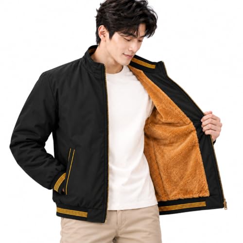 MIA FASHION Men's Fur Lined Bomber Jacket, Black - Image 2