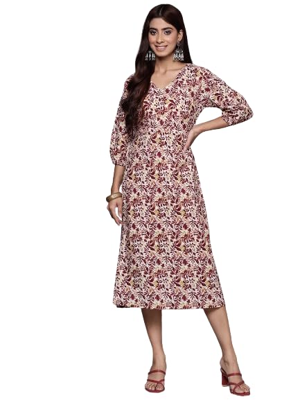 Image of Varanga Women Maroon Floral Printed Midi Dress