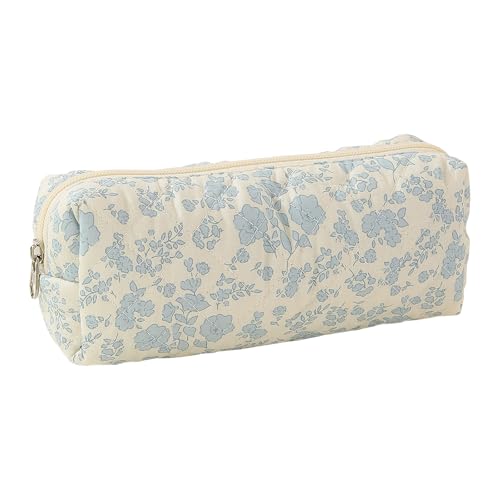 CHUNLINLAODA Federmäppchen Blumen Aesthetic, Mäppchen Aesthetic, Klein Gesteppte Schminktasche Blumen, Weicher gesteppter Bleistiftbeutel, Tragbare Stifttasche, für Schule College Reisen (Blau)