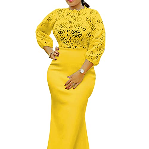 Image of Cololura Elegant Floor-Length Three-Quarter Sleeve Floral Hollow High Waist Party Evening Formal Bodycon Maxi Dress White