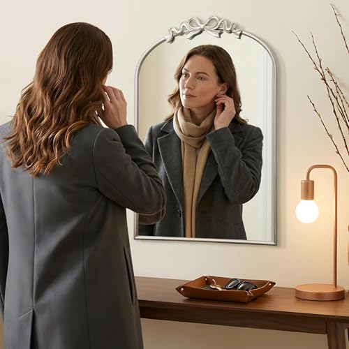 Image of Besdomus Vintage Arched Gold Mirror: 24x36 Large Silver Bow Vanity Mirror | French Antique Baroque Metal Framed - Traditional Ornate for Bathroom /Entryway /Bedroom - Ideal for Master Bath Renovations