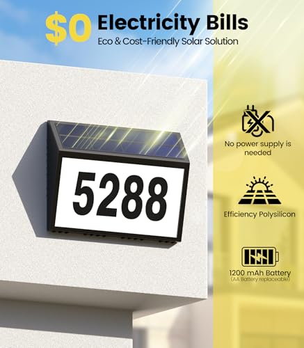 Image of Solar House Numbers for Outside Light up, LED Illuminated Home Number Address Sign Plaque Waterproof for Yard, Wall-Mounted or Floor-Plugged- Black, 8.7 x 6.4 inch (Pack of 2)