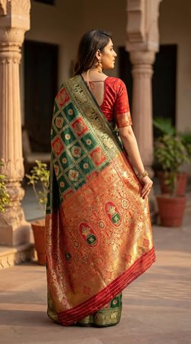 Image of C J Enterprise Women's Kanjivaram Silk Saree Woven Patola Banarasi Soft Sarees Zari With Blouse Piece (Hathi Patola)