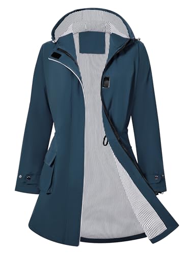 PONCEAU Damen Wasserdicht Regenjacke Lang Windbreaker Übergangsjacke Leichte Atmungsaktiv Outdoorjacke Raincoat Regenponcho Regenparka Trenchcoa Regenmantel mit Kapuze