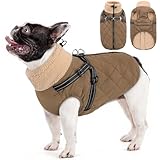 Queenmore Dog Jackets for Medium Dogs, Dog Coat with Harness Built in, Waterproof Pet Winter Coat with Zipper On Back Doggy Snowsuits Warm Soft Pet Jacket for French Bulldog, Poodle, Corgi, Brown M