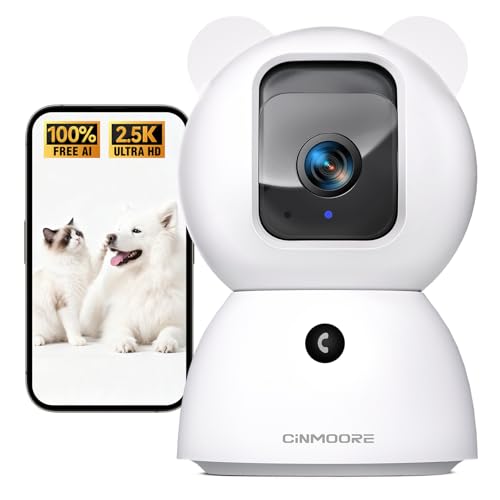CINMOORE Caméra de sécurité intérieure 2,5 K sans abonnement, détection de personne/animal de compagnie/pleur/animal de compagnie/chien/chat avec application pour téléphone, caméras WiFi 2,4 GHz Pan Tilt pour la sécurité à domicile, vision nocturne, audio bidirectionnel