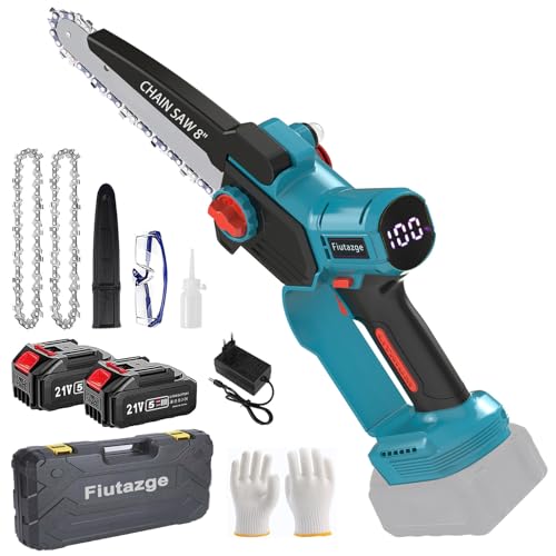 Mini Motosega a Batteria 8 Pollici, Motosega a Batteria con 2 Batterie e Caricabatterie, 21 V Brushless Motosega, con Pompe Dell'olio, per La Potatura dei Rami e Il Taglio del Legno