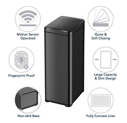Cozyblock Automatic Trash Can For Kitchen, Black Steel Touchless Motion Sensor Bin, Wide Opening Soft Close Lid, Led Countdown Timer (13 Gallon- Slim Design) #TOP2