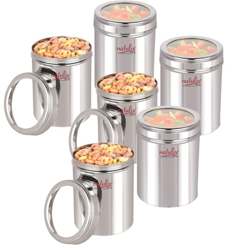 Image of NATULIX 1 Kg Stainless Steel Containers for kitchen with See Through Lid | Kitchen Containers Set | Silver (1250ml - 6pcs) Food Grains Capacity - 1kg Approx.