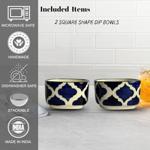 Image of Yourowndcor Designer Ceramic Dip Bowls Set | Navy Blue Moroccan Pattern Serving Bowls for Condiments, Snacks & Dips | 2 Pieces, 40 ml