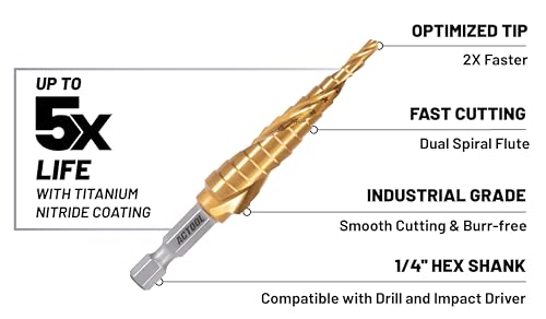 Image of Industrial HSS Step Drill bit 1 /8''-1 /2'' with 1 /4'' Hex Shank, Unibit Double Spiral Flute with TiN Coating for Metal, Stainless Steel, Aluminum, Plastic