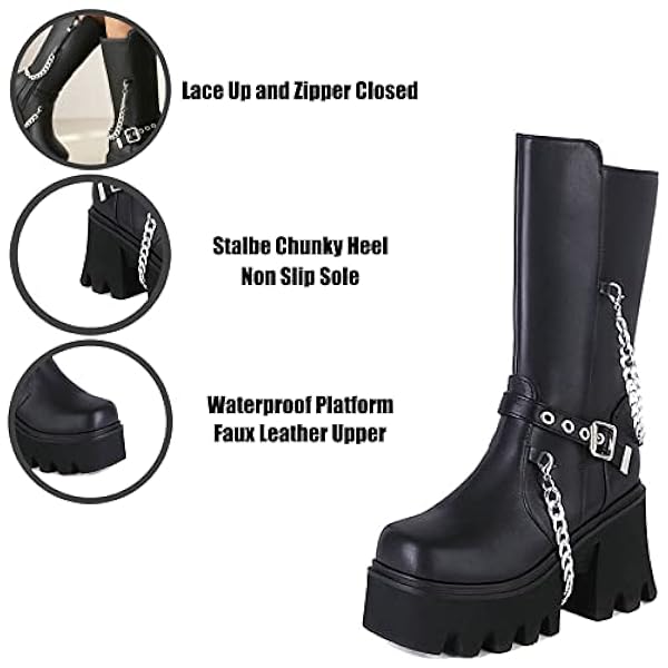 Dames Zipper Middenkalf Combat Boots Black Goth -platformlaarzen met Chain Square Toe Belt Buckle D chunky hielklaarsjes,Black pu,43 EU