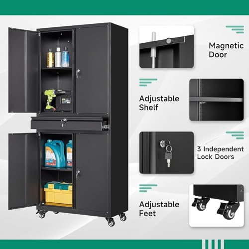 Image of Letaya Metal Garage Storage Cabinet with Wheels,Rolling Tool Cabinet with 4 Door Lock-Adjustable Shelves and 1 Drawer for Garage Home Office Utility Room (Black with Wheels)
