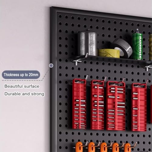 Generisch Lochwand-Organizer-Paneele. Schwarze Metall-Lochwandpaneele – Wandorganizer für Garage, Werkbank und Werkstatt, Werkzeugaufbewahrungssystem mit 10 Haken, modulares Lochwand-Set (60 x 40 cm)