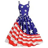 EFOGEP American Flag Dress for Women, 4th of July Patriotic Dress Women USA Stars Stripes Midi Dresses Sexy Spaghetti Straps V Neck A-Line Swing Midi Dress Retro 50s Summer Sundress Red02 S