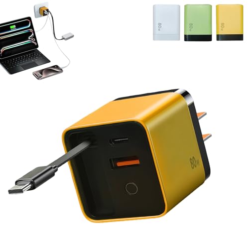 Scalable 80W Max Fast Charger Wall Plug, 80W Retractable Phone Charger Plug with Retractable Cable, 3 in 1 Charger for Phones Tablets (Yellow)