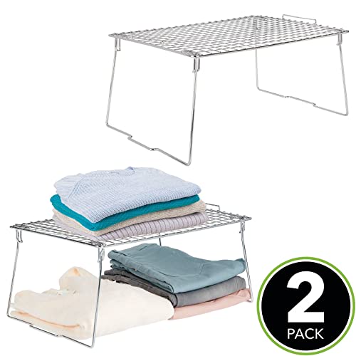 Mdesign Farmhouse Metal Stackable Storage Shelf - Closet, Cabinet, Countertop 2-Tier Raised Organizer - For Bedrooms, Bathrooms, Entryways, Hallways - 12" X 17" X 8.4" - 2 Pack - Chrome #TOP1