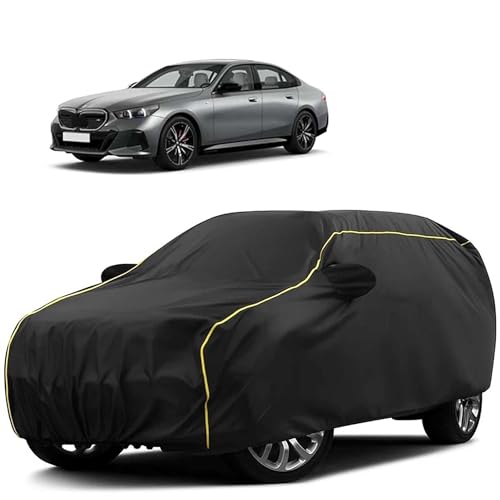 Image of Sulfar 100% Water Resistant Car Body Cover Compatible with Mirror for BMW i5(Electric) (Triple Stitched, Full Bottom Elastic, Black Tafetta with Yellow Piping)