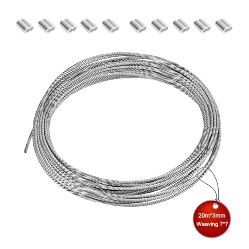 HERKINDNESS Fil Acier Inoxydable, 20 Mètres Câble Métallique en Acier Inoxydable, Diamètre 3 mm Fil Inox, avec 10 Pinces, Pour étendre Le Linge, Suspendre...