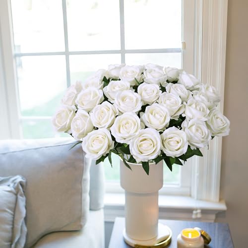 Image of INSPRING 50 PCS White Roses Artificial Flowers with Long Stems | Real Looking, Fake Roses, Silk Flowers, DIY Bouquet, Wedding Party Celebration Home Bridal Decoration Gift, for Her Wife