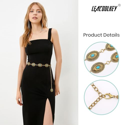 Image of LEACOOLKEY Women Turquoise Concho Chain Waist Belt Silver Western Cowgirl Metal Chain Belt for Dress Adjustable