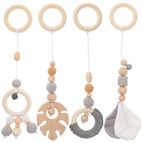 Image of Toddmomy 4Pcs Baby Crib Wooden Hanging Toys Wood Play Gym Toys Teething Rings Grasping Nursing Pendant Kids Car Seats Stroller Toys (Grey)