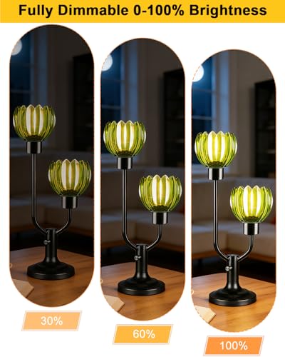 Image of Lightdot Vintage Green Flower Table Lamp Bulbs Included Dimmable Glass Lamp | Nightstand Lamp Mid Century Modern Black Desk Lamp Warmwhite Ambient Bedside Lamp for Living Room Bedroom Home Decor Gift