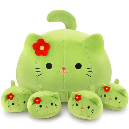 5 PCS Cactus Cat Plush Stuffed Animal Family-19' Soft Cactus Cat Plush, Large Mommy Plushies with 4 Baby Kittens Plushies for Kids, Kawaii Plush Toy Christmas Birthday Gifts for Kids Boys Girls