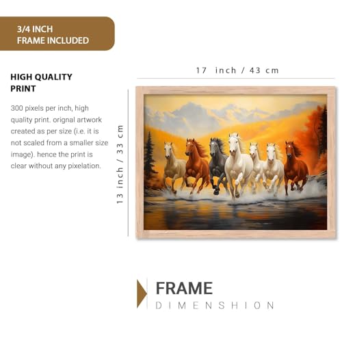 Image of HOTHOUSE Seven Running Vastu Lucky Horse Rising Sun Painting Wall Decor | 7 Horses Vastu Frame Wall Art Painting for Living Room Bedroom Office Home Decor Size (13X17 inch)